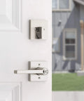 Halifax Keyed Entry Lever And Single Cylinder Deadbolt Combo With SmartKey Security In Satin Nickel For Exterior Doors Built Tough And Easy Install Backset And Thickness Guide Included on white door