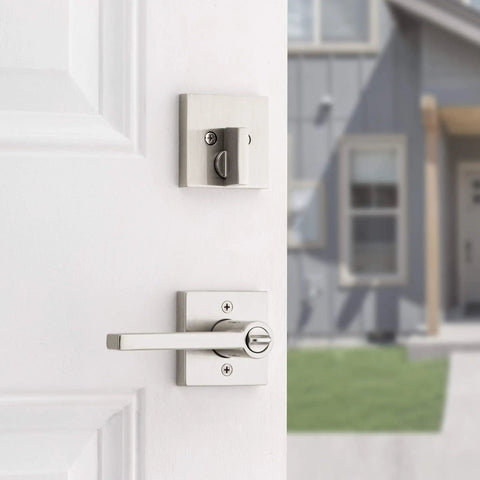 Halifax Keyed Entry Lever And Single Cylinder Deadbolt Combo With SmartKey Security In Satin Nickel For Exterior Doors Built Tough And Easy Install Backset And Thickness Guide Included on white door