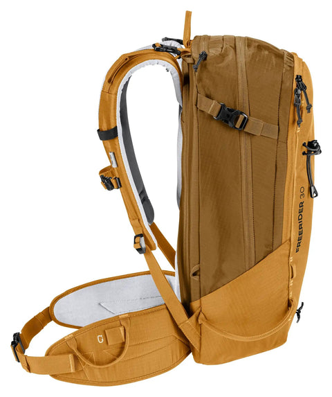 Side view of 30L Ski Tour And Mountaineering Backpack Built For Powder Days With Weatherproof Breathable Fabric Cinnamon Almond Color