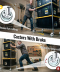 Heavy Duty Stem Casters Wheels Set Of 8 With Brakes for 3/8-16 threaded stems shown in use with locking brakes in a garage.