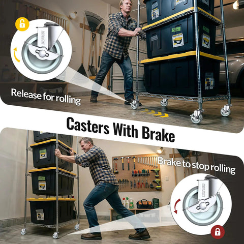 Heavy Duty Stem Casters Wheels Set Of 8 With Brakes for 3/8-16 threaded stems shown in use with locking brakes in a garage.