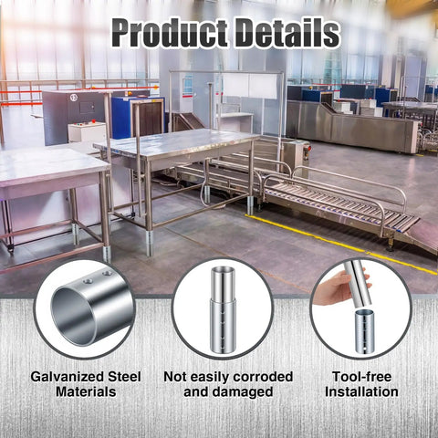 Built Tough As Nails Eight Piece 6 Inch Adjustable Table Leg Extensions Galvanized Steel Heavy Duty Workbench Pipe Extenders displayed in a commercial workspace.