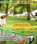 Dog jumping at tether dog toy rack with 3 tug rope toys in park, showing use of rotating outdoor tug toy stand for pets