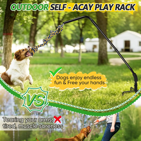 Dog jumping at tether dog toy rack with 3 tug rope toys in park, showing use of rotating outdoor tug toy stand for pets