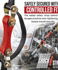 Close-up of Shock Absorbing Ratchet Straps For Cargo 15 Ft By 1.5 In Beefy Heavy Duty Tie Downs with safety bungee in action.