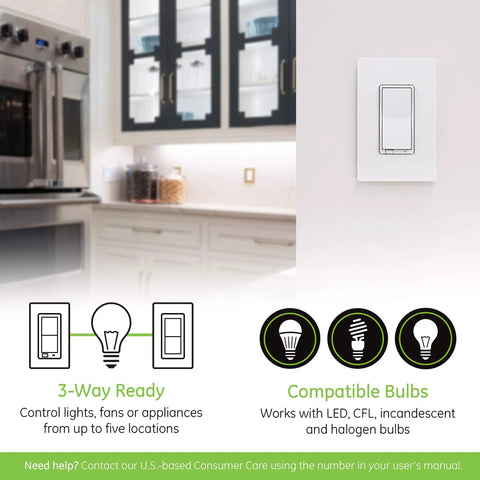 Z Wave Smart Rocker Light Switch With QuickFit And SimpleWire installed in modern kitchen, 3-Way Ready, bulb compatibility info displayed.