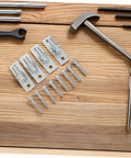 Nailed Tight Wall Mount Gate Hinges Four Pack Solid Iron Hardware includes screws and brackets on wooden surface.