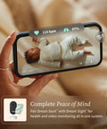 Dream Sock Smart Baby Monitor With Real Time Pulse Rate And Oxygen Alerts Easy Peace Of Mind For Busy Parents And Baby Sleep Insights And Real Time Alerts For Safer Nursery Night And Day. Baby shown on monitor screen.