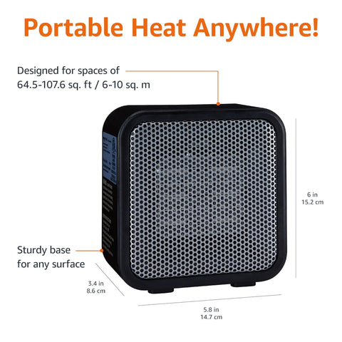 Ceramic Portable Mini Space Heater for Desk and Office Use, Fast Heating, Energy Efficient 500W, Black, front view
