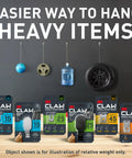 Heavy Duty Drywall Picture Hanger That Holds Up To 65 Pounds, Installs In Seconds With A Quick Push displayed with weights