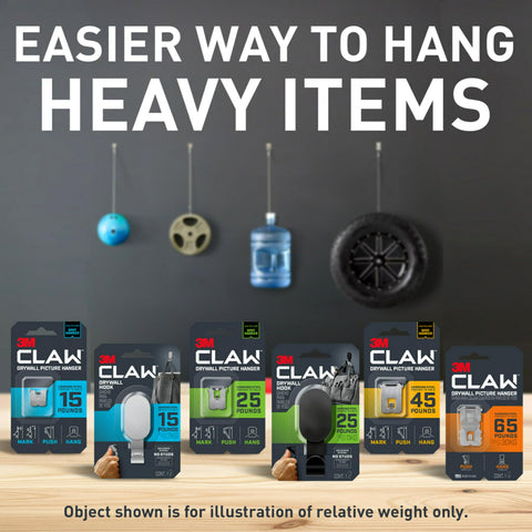 Heavy Duty Drywall Picture Hanger That Holds Up To 65 Pounds, Installs In Seconds With A Quick Push displayed with weights