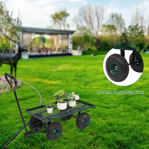 Heavy Duty Metal Deck Garden Cart With 10 Inch Air Tires For Farm Yard And Cargo Large 34 Inch By 18 Inch Utility Wagon With 176 Lb Capacity Great For Dirt Rocks Wood Boxes And More Green in lawn