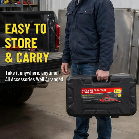 Heavy Duty 6 Ton Hydraulic Ram Jack And Pump Kit For Auto Body Repair And Frame Straightening With Ergonomic Handle Rust Proof Coated Steel Construction Easy To Use Mechanic Tool in portable storage case.