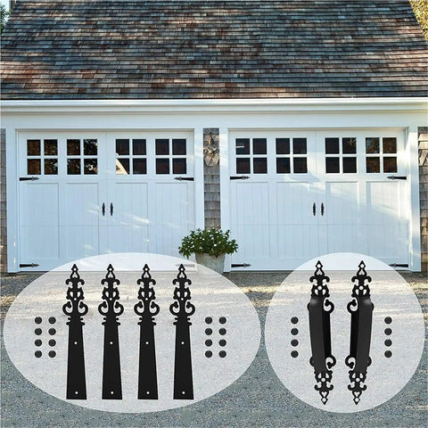 Vintage Door Handles And Hinge Set For Carriage House And Barn Doors Sliding Barn Door Hardware Kit displayed on white garage.