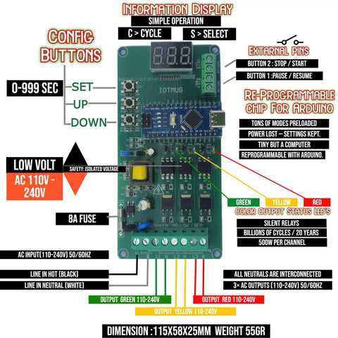 Plug And Play Light Sequencer Controller With External Start Stop And Pause Resume Pins, 110-240VAC, 99 Plus Modes, 0-999s Timer, Memory Save,