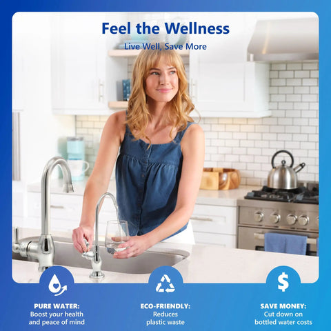 Woman using Five Stage Under Sink Reverse Osmosis System with deluxe chrome faucet in modern kitchen for clean water