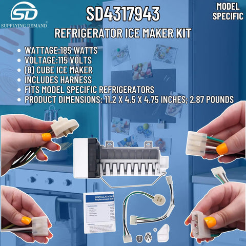 W10632400 4317943 Refrigerator Ice Maker Replacement Kit with harness and components shown against refrigerator background