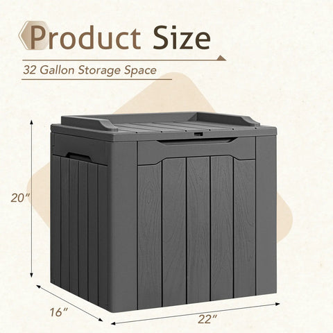 31 Gallon Weatherproof Resin Deck Box With Lid For Indoor Outdoor Storage Durable Grey Outdoor Storage Container front view with dimensions