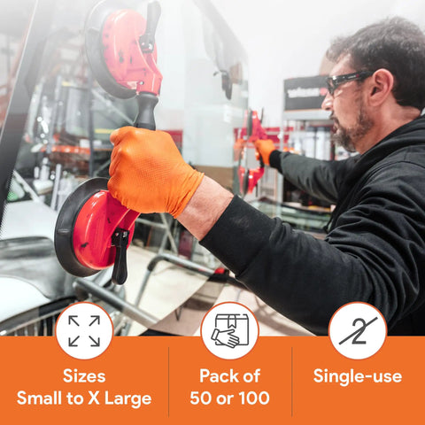 Man using Built Tank Tough Heavy Duty 8 Mil Orange Nitrile Work Gloves Featuring A Diamond Textured Surface For Insane Grip And Maximum Puncture Protection In A Solid 50 Pack Perfect For Mechanics Who Want Real Deal Latex Free Gear Everyday to handle automotive suction cups.