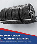 Rock Solid Heavy Duty Steel Wall Mount Tire Rack, Adjustable Black Garage Storage Shelf Supports 400 Pounds, displaying stacked spare tires.
