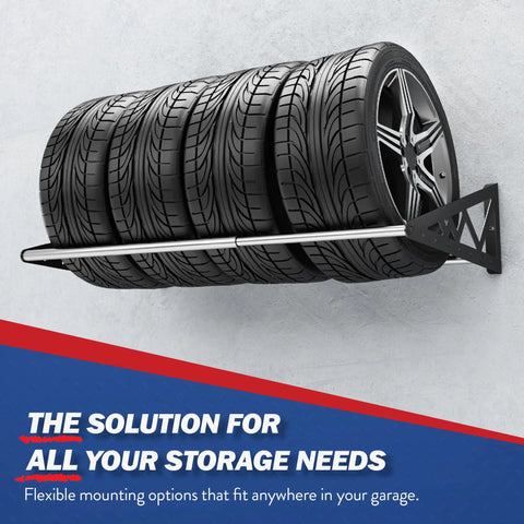 Rock Solid Heavy Duty Steel Wall Mount Tire Rack, Adjustable Black Garage Storage Shelf Supports 400 Pounds, displaying stacked spare tires.