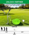 Golf Swing Trainer Kit With Rope And Two Golf Balls For Backyard Practice Aid With Calibrated Stakes, rope extending 50 feet on lawn.