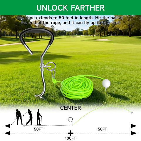 Golf Swing Trainer Kit With Rope And Two Golf Balls For Backyard Practice Aid With Calibrated Stakes, rope extending 50 feet on lawn.
