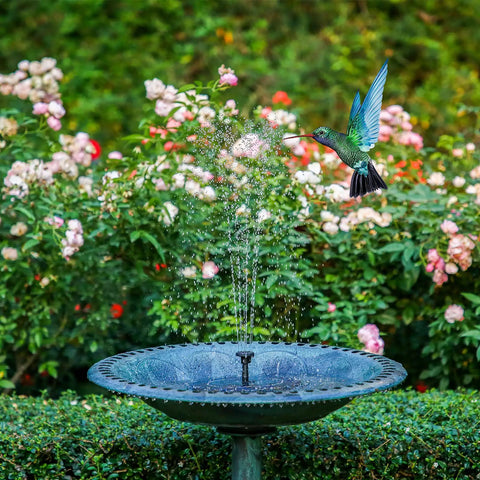 Solar Powered Bird Bath Fountain Kit, 2 Pack, 2.5W Solar Panel in use with bird and flowers in garden setting