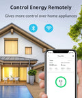 Smart Plug Mini 15A With Energy Monitor, WiFi 2.4GHz and Bluetooth, remote control app displayed on a smartphone in front of a house