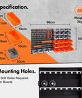 Specifications and details of 44 Piece Wall Mounted Pegboard Kit with bins, dimensions, and mounting holes.