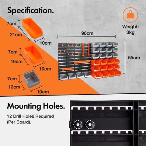 Specifications and details of 44 Piece Wall Mounted Pegboard Kit with bins, dimensions, and mounting holes.