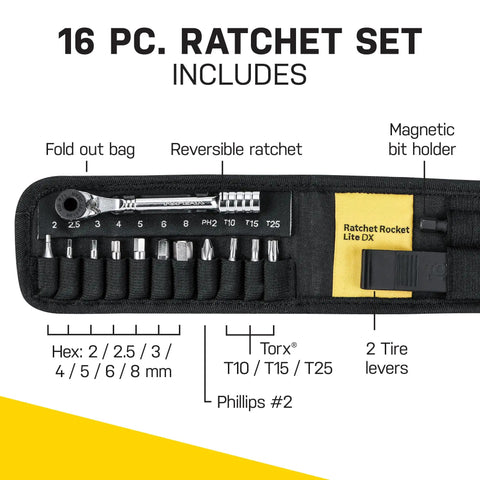 Ratchet Rocket Lite DX Bike Multitool with 16 functions in nylon bag, showing reversible ratchet and magnetic bit holder.