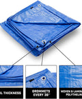 Tough Waterproof Heavy Duty Poly Tarp 12x16 Foot With Grommets Every 36 Inches, 5 Mil Thick Blue Tarp, Details of Material and Grommets