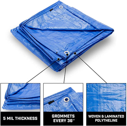 Tough Waterproof Heavy Duty Poly Tarp 12x16 Foot With Grommets Every 36 Inches, 5 Mil Thick Blue Tarp, Details of Material and Grommets