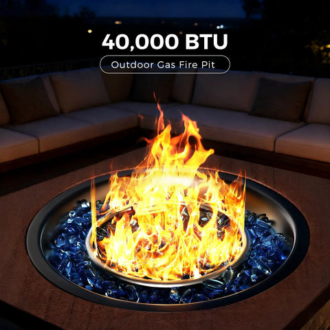 28 Inch Propane Fire Pit Table with 40,000 BTU Gas Fire Pit for Outdoor Patio, featuring blue fire glass rocks and flames