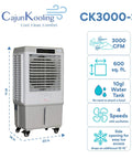 Heavy Duty Portable Evaporative Swamp Cooler With 3000 CFM Blower And Ten Gallon Ice Ready Tank, 41in tall, 22in wide, 10 gallon tank.