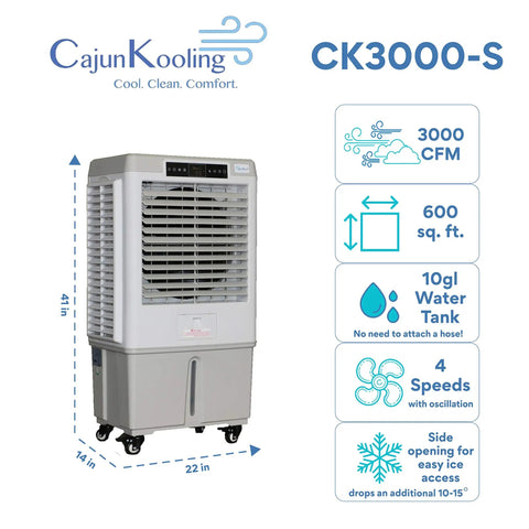Heavy Duty Portable Evaporative Swamp Cooler With 3000 CFM Blower And Ten Gallon Ice Ready Tank, 41in tall, 22in wide, 10 gallon tank.