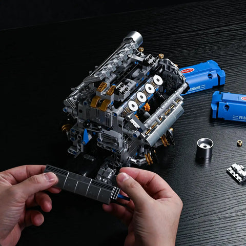 V8 Engine Model Kit That Runs Motorized Hands On Working Visible Engine With Chain And Cylinder Linkage For Adults Stem Mechanical Building Toy Gift For Car Enthusiasts, 1288-piece ABS model being assembled