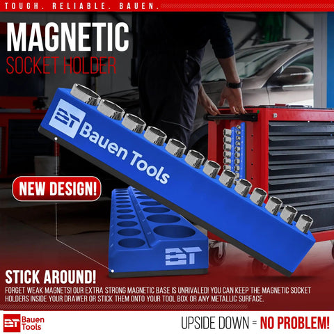 Magnetic Socket Organizer Set 3 Piece Metric Socket Holder Blue Pro Grade with sockets displayed on a workbench with tools in background.