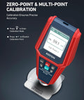 Paint Thickness Gauge With Automatic Detection And 0.01μm Resolution For Ferrous And Nonferrous Coatings On Metal Surfaces, Wide Coating Compatibility, Fast Digital Readout, Durable Handy Tool For Pros. Red handheld coating gauge on Fe calibration plate, 59.1 mil