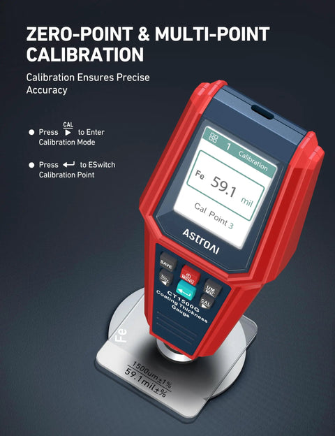 Paint Thickness Gauge With Automatic Detection And 0.01μm Resolution For Ferrous And Nonferrous Coatings On Metal Surfaces, Wide Coating Compatibility, Fast Digital Readout, Durable Handy Tool For Pros. Red handheld coating gauge on Fe calibration plate, 59.1 mil