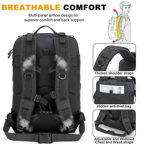 Back view of Rugged 45L Tactical Backpack Water Resistant MOLLE EDC Pack showing thick straps and breathable comfort design
