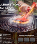 Person using Bristle Free BBQ Grill Brush with 17 Inch Cool Touch Handle Steam Cleaner on a grill with steam rising, includes three brush heads