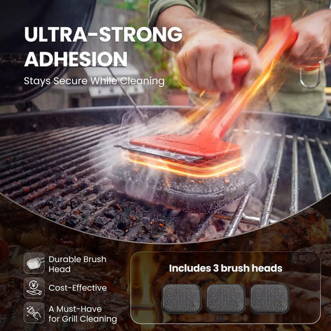 Person using Bristle Free BBQ Grill Brush with 17 Inch Cool Touch Handle Steam Cleaner on a grill with steam rising, includes three brush heads