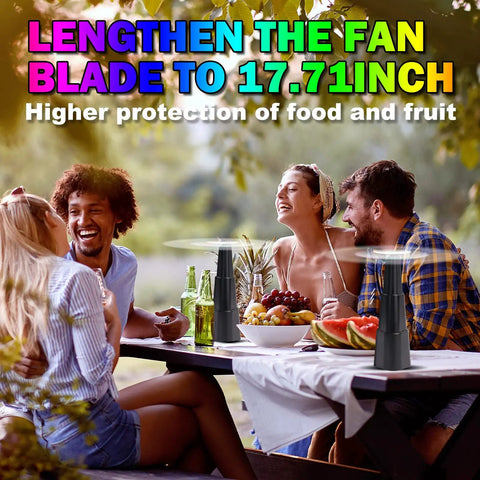 Group enjoying picnic with Four Pack Portable Fly Fans For Tables Indoors Outdoors Battery Powered Tabletop Fans keeping flies away.