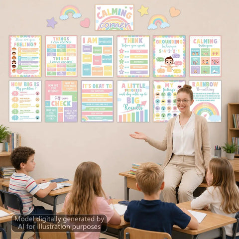 Classroom with teacher and kids, Calm Down Corner Posters for Classrooms Set, 19 Piece Pastel Emotions Poster Pack on wall.