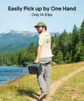 Man holding Portable Power Station 448Wh LiFePO4 Battery Backup With Two 700W AC Outlets Solar Generator on nature trail.