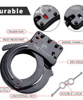 Heavy Duty Double Lock Hinged Handcuffs With Two Keys And Case Real Steel Pro Grade Security Cuffs In Black with details labeled