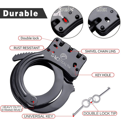 Heavy Duty Double Lock Hinged Handcuffs With Two Keys And Case Real Steel Pro Grade Security Cuffs In Black with details labeled