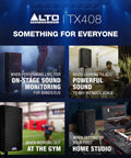 8-inch powered PA speakers in various setups for live performances, intimate venues, gym use, and home studios.